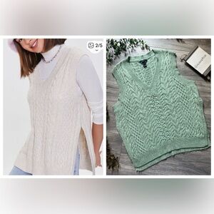 Forever 21 Seafoam Sage Green Cable Knit Sleeveless Sweater Vest w Side Vent. M